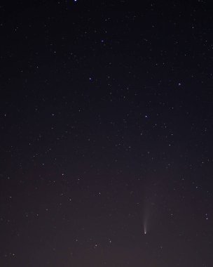 Kara yıldızlı gökyüzünde Neowise Kuyruklu Yıldızı. Gece gökyüzü, uzay. Geceleri kuzey yarımkürenin gökyüzü, çeşitli takımyıldızlar, kuyruklu yıldızlar ve kozmik gök cisimleri..