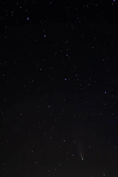 Kara yıldızlı gökyüzünde Neowise Kuyruklu Yıldızı. Gece gökyüzü, uzay. Geceleri kuzey yarımkürenin gökyüzü, çeşitli takımyıldızlar, kuyruklu yıldızlar ve kozmik gök cisimleri..