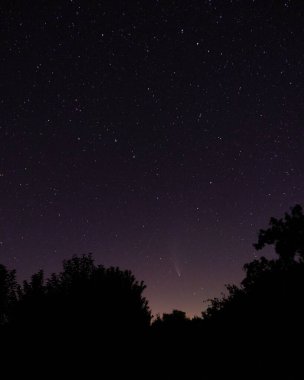 Kara yıldızlı gökyüzünde Neowise Kuyruklu Yıldızı. Gece gökyüzü, uzay. Geceleri kuzey yarımkürenin gökyüzü, çeşitli takımyıldızlar, kuyruklu yıldızlar ve kozmik gök cisimleri..
