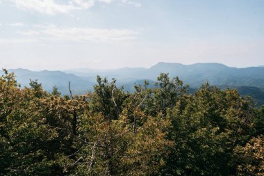 Ulusal Park 'taki güzel kayalık dağlar. Rusya 'nın doğası. Dağın tepesinden ormana, vadiye ve diğer dağlara kadar panoramik yaz manzarası.