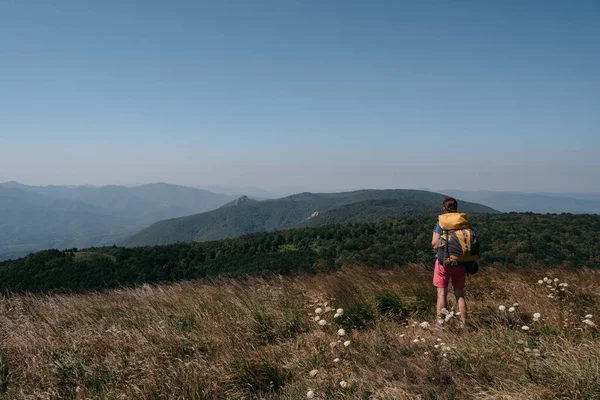 Dişi bir gezgin büyük sarı bir Yürüyüş sırt çantasıyla dağlarda duruyor. Ulusal Park 'ın ve insanların güzel manzaraları dağlara, ormanlara ve tepelere bakıyor..