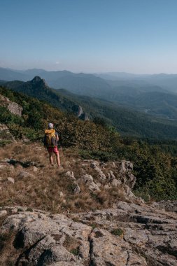 Bir kız gezgin ve Alman çoban köpeği bir tepede durup etraftaki dağlara bakıyorlar. Bir köpek gezgini ve sırt çantalı insan sahibi ulusal parkta yürüyor ve doğanın tadını çıkarıyorlar..