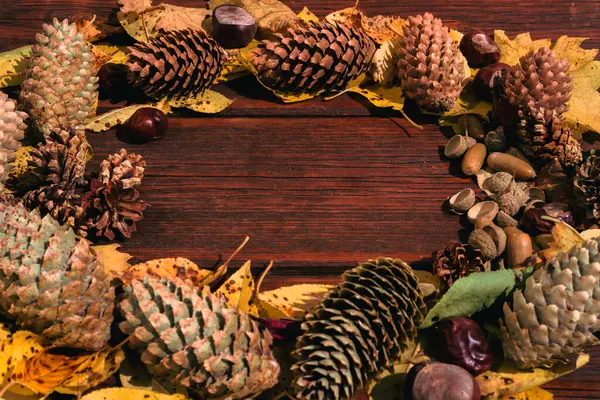 Lot Yellow Fallen Leaves Wooden Table Acorns Pine Cones Nearby — Stock Photo, Image
