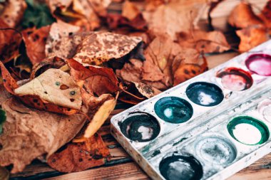 Ahşap bir masanın üzerine yakın plan içinde boş renkli boyalar olan bir sanat paleti ve yanında ağaçlardan düşen sarı ve turuncu sonbahar yaprakları. Boş ve çok renkli boya kullanılmış..