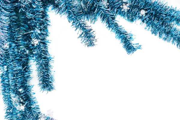 Shiny Blue Turquoise Christmas Tinsel Pure White Background Beautiful Christmas — Stock Photo, Image