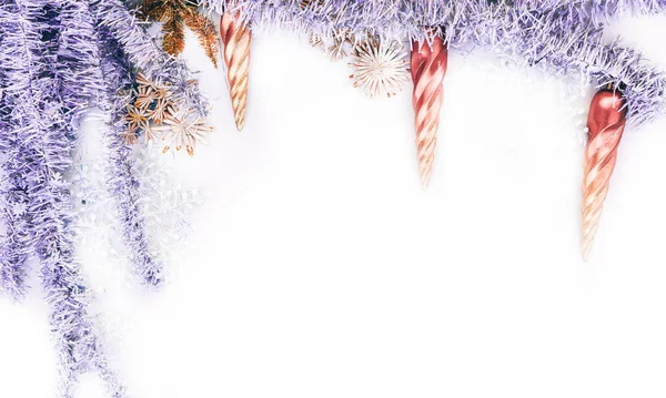 Christmas Tinsel White Background Christmas Toys Shape Icicles Beautiful New — Stock Photo, Image