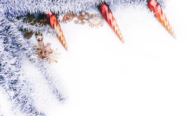 Christmas Tinsel White Background Christmas Toys Shape Icicles Beautiful New — Stock Photo, Image