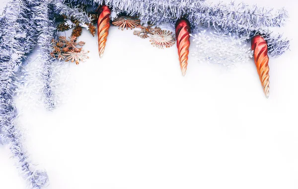 Christmas Tinsel White Background Christmas Toys Shape Icicles Beautiful New — Stock Photo, Image