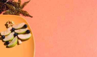 Yeşil elma ve mavi üzümlerden yapılmış bir Noel ağacı güzel bir turuncu tabakta yatıyor. Lezzetli yemekler, koniler ve dekorasyonlarla ve metin ve tasarım için boş alanla güzel bir Noel arkaplanı.