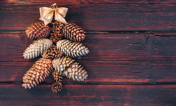 Üzerinde Altın Bir Fiyonk Bulunan Konilerden Yapılmış Bir Noel Ağacı — Stok fotoğraf