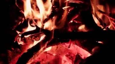 Ateşin parlak alevi karanlık bir gecede doğada yanar. Siyah arka planda parlak kırmızı ve turuncu alevler, kızgın kömürler, çatırdayan ateş ve yanan ağaç dalları.