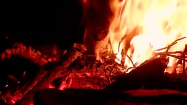 Ateşin parlak alevi karanlık bir gecede doğada yanar. Siyah arka planda parlak kırmızı ve turuncu alevler, kızgın kömürler, çatırdayan ateş ve yanan ağaç dalları.