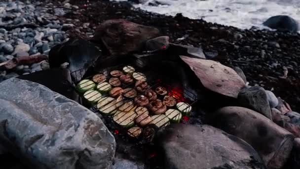 Kamp Ateşinin Üstünde Sebze Şişi Kızart Izgara Sebze Kabak Patlıcan — Stok video