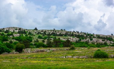 Dağlarda yeşil çim enkazı ve bulutlarla mavi gökyüzü