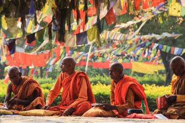 : Lumbini, Nepal - 7 Nisan 2014: Rahipler at: Lumbini - Lord Buda'nın Doğum yeri kutsal ağaçta bir toplantı