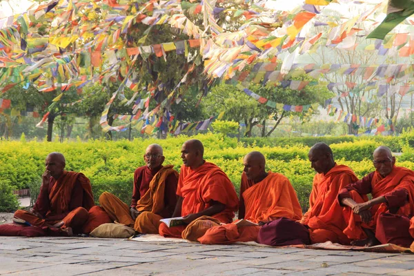 : Lumbini, Nepal - 7 Nisan 2014: Rahipler at: Lumbini - Lord Buda'nın Doğum yeri kutsal ağaçta bir toplantı