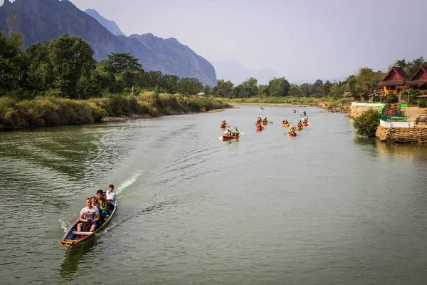 Vang Vieng Laosz Március 2016 Kajak Mekong Folyón Festői Falu — Stock Fotó