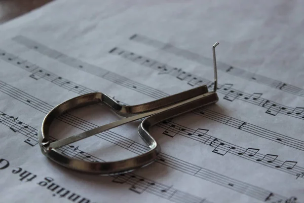 Vargan bir kağıda notlar ile yatıyor. Geleneksel müzik aletleri.