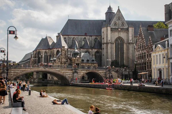 Gante Bélgica Agosto 2018 Parte Central Casa Con Canal Puente — Foto de Stock