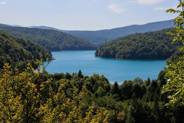 The main natural landmark of Croatia is the Plitvice Lakes with cascades of waterfalls. Emerald clear cold water on the background of rocks, plants and trees.