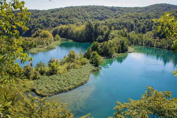 克罗地亚的主要自然地标是普利特维采湖 有瀑布 在岩石 植物和树木的背景下的翡翠清澈冷水 — 图库照片