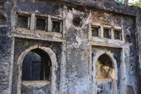 The ancient abandoned Arab city of Gede, near Malindi, Kenya. Classical Swahili architecture. They include a mosque, palace, houses and tombs as well as a fort