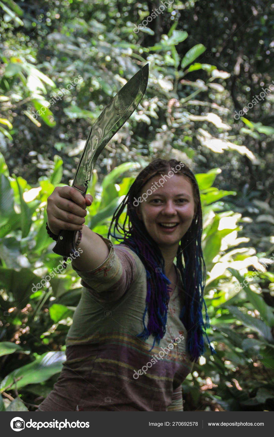 Melee Weapons Machetes Hands Girl Jungle — Stock Photo © Milva_El
