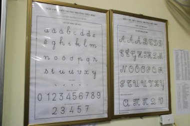 Hanoi, Vietnam - 23 Şubat 2016: Hanoi 'deki bir ilkokulun duvarında Vietnamlı alfabesi ve heceleme kuralları olan bir poster.