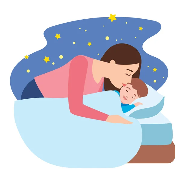 Mother Giving Her Son Goodnight Kiss — Stock Vector
