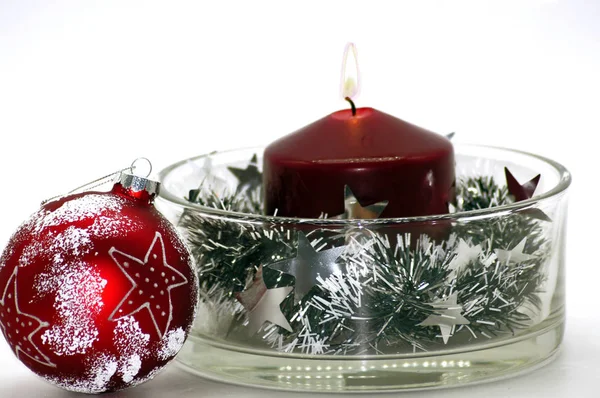 Festlicher Hintergrund Weihnachten Mit Kerze Glasschale — Stockfoto