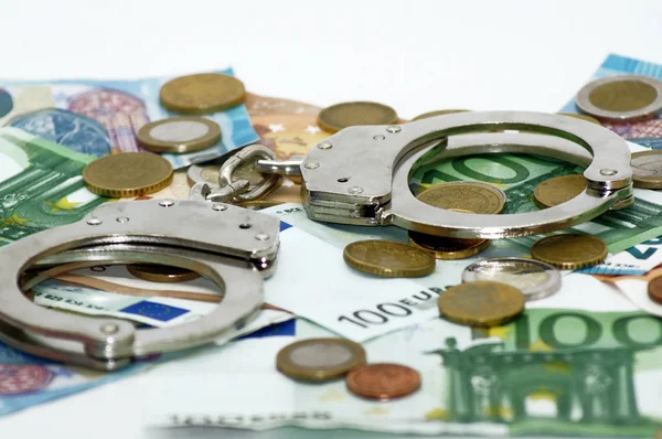 Transacciones Criminales Dinero Billetes Euros Esposas — Foto de Stock