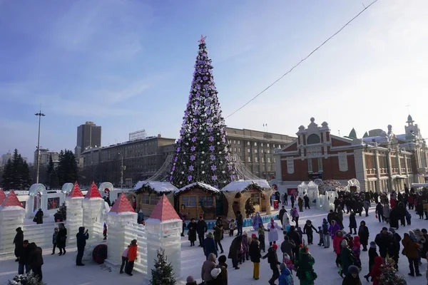 Sibirya Ana Ağacı Bir Buz Şehir Lenin Meydanında Novosibirsk Merkezi Stok Resim