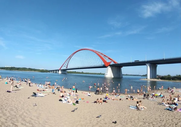 Бугринский Мост Пляжный Город Новосибирск Стоковая Картинка