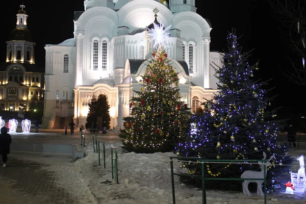 Versierde Kerstbomen Buurt Van Kerk — Stockfoto