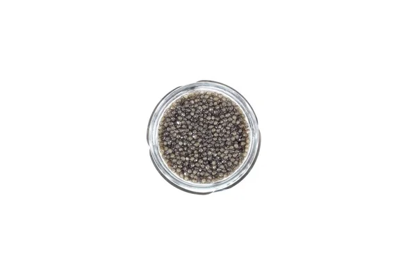 Caviar Preto Tigela Vidro Fundo Branco — Fotografia de Stock