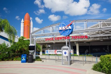 NASA işaret Kennedy Uzay Merkezi, Cape Canaveral, Florida, ABD