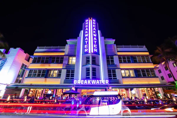 Nacht Ansicht Der Straße Ocean Drive Art Deco Gebäude Miami — Stockfoto