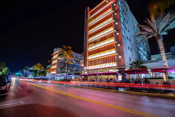 Nacht Ansicht Der Straße Ocean Drive Art Deco Gebäude Miami — Stockfoto