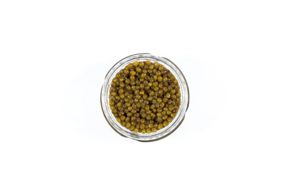 Caviar Amarelo Tigela Vidro Fundo Branco — Fotografia de Stock