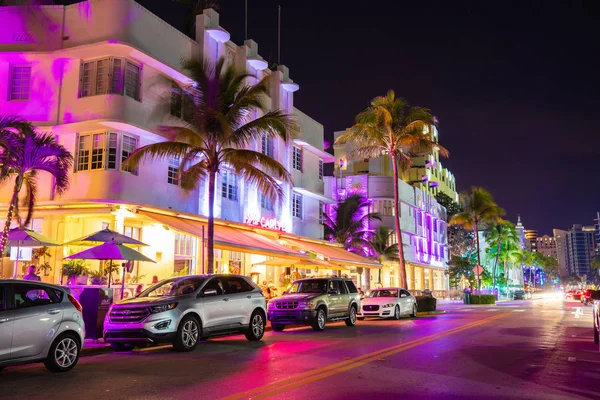 Nacht Ansicht Der Straße Ocean Drive Art Deco Gebäude Miami — Stockfoto