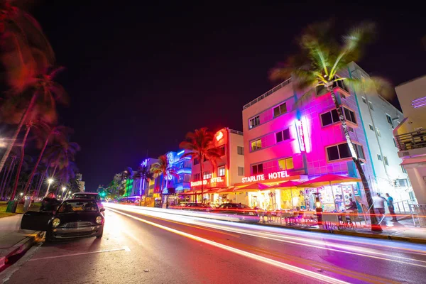 Nacht Ansicht Der Straße Ocean Drive Art Deco Gebäude Miami — Stockfoto