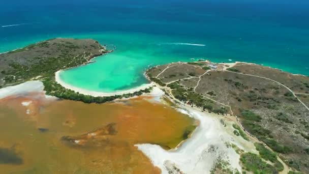 Εναέρια Θέα Της Παραλίας Playa Sucia Και Των Λιμνών Αλατιού — Αρχείο Βίντεο