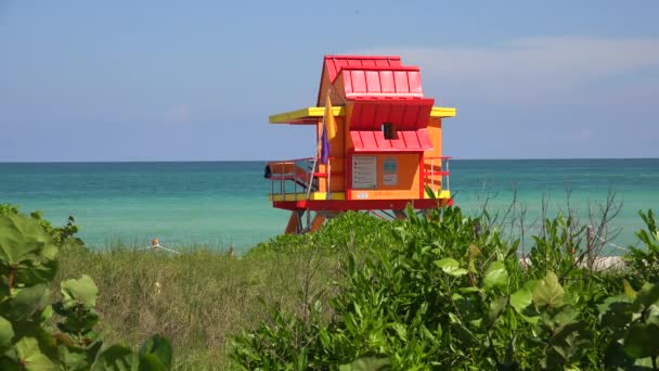 Rettungsschwimmturm Farbenfrohen Art Deco Stil Mit Blauem Himmel Und Atlantik — Stockvideo