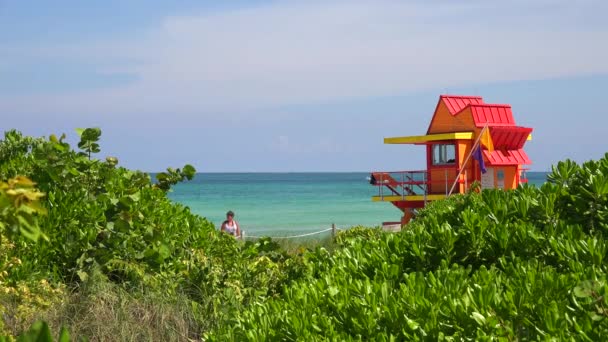 カラフルなアールデコ様式のライフガードタワー 背景に青い空と大西洋 マイアミビーチ サウスビーチ フロリダ — ストック動画