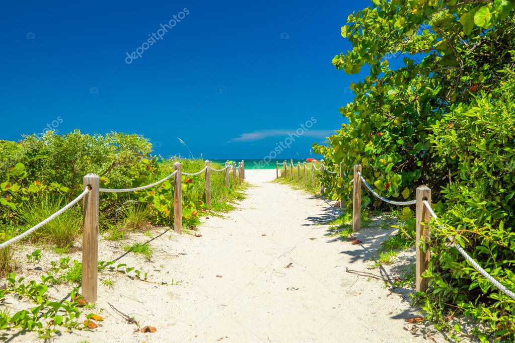 Walkway to the beach, wooden embankment. Miami Beach. Florida. 