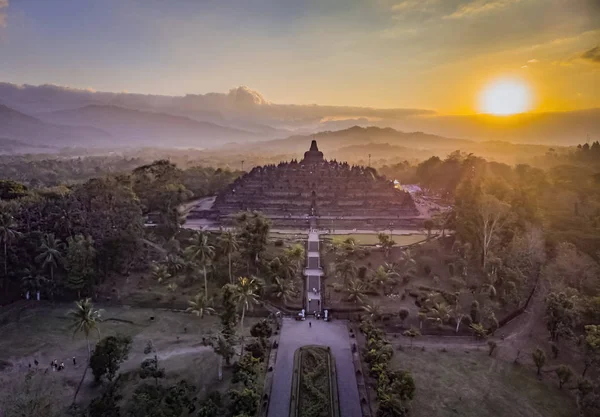 Borobudur Templo Puesta Del Sol Tiro Aéreo —  Fotos de Stock