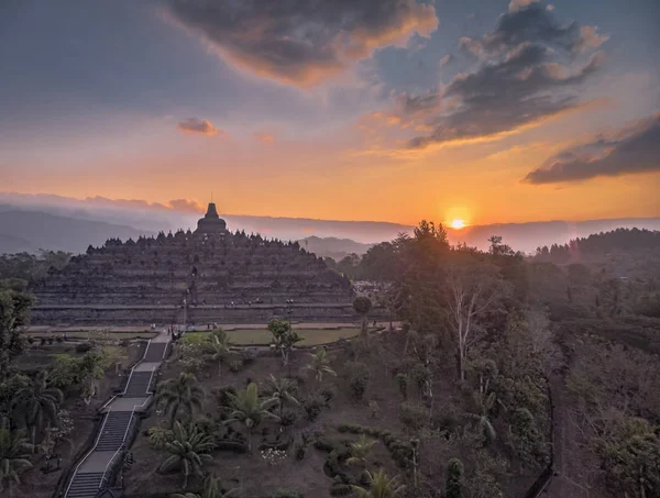Borobudur Templo Puesta Del Sol Tiro Aéreo —  Fotos de Stock