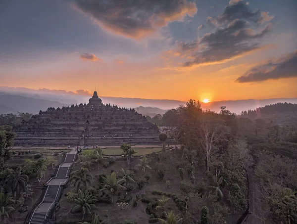 Borobudur Temple Sunset Aerial Shot Stock Picture