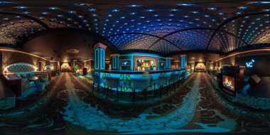 Minsk, Beyaz Rusya - 1 Temmuz 2016: Tam 360 panorama şık gece Club Victoria Cherry küresel projeksiyon equirectangular. 