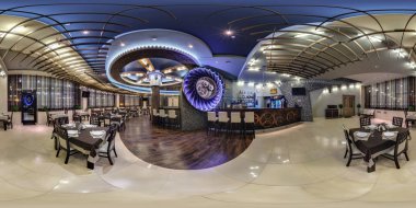 GRODNO, BELARUS - APRIL 25, 2013: Full 360 panorama in equirectangular spherical projection in stylish pizza cafe Turan in industrial style.  clipart